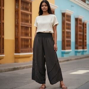 ​🇮🇹 Made in Italy Black Raw Edge Ruffle Wide Leg Linen Pants Size XL🇮🇹